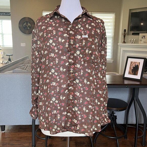 Vtg 90's GUESS Sheer Blouse Medium Brown Floral Print Button Front Shirt USA - Picture 1 of 10